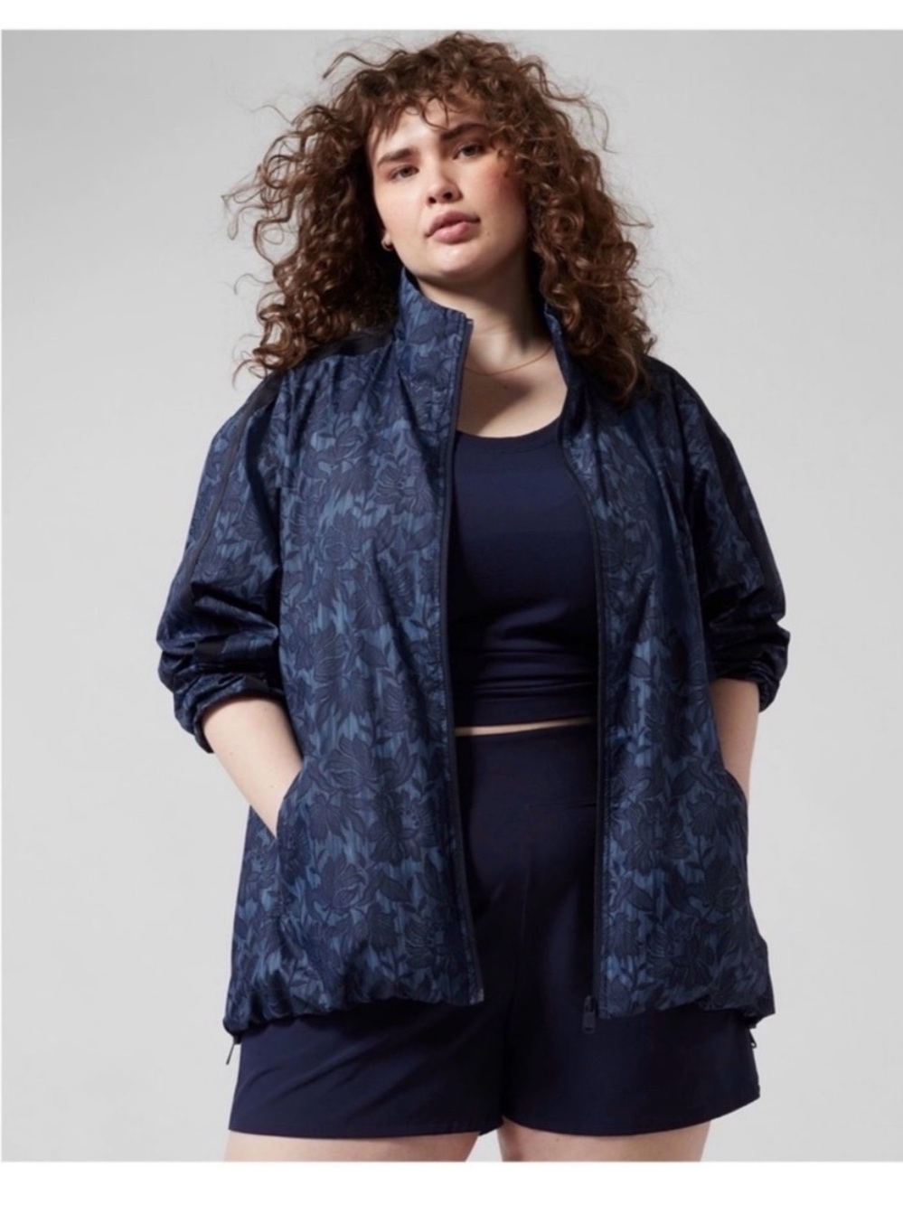 ATHLETA Sightseer Lace Jacket Women’s 2X Navy Black Floral Windbreaker Full Zip